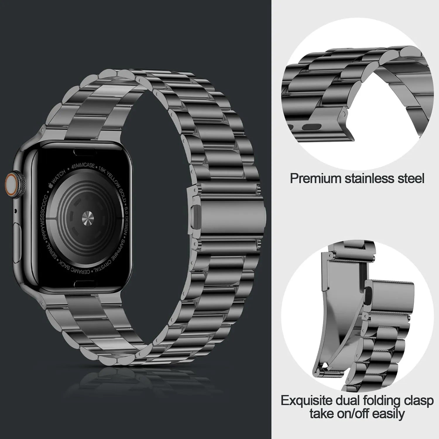 iiteeology Lightweight Stainless Steel Band Designed for Apple Watch Ultra 2 & Ultra, Series 1-10, 46mm, 45mm, 44mm, 42mm, Replacement iWatch Bands for Men & Women,Space Gray