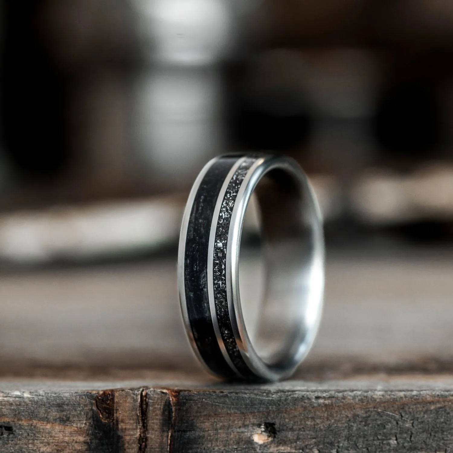 (In-Stock) The Midnight Barrel | Men's Whiskey Barrel, Meteorite Dust, & Titanium Wedding Band - Size 10.75 | 7mm Wide