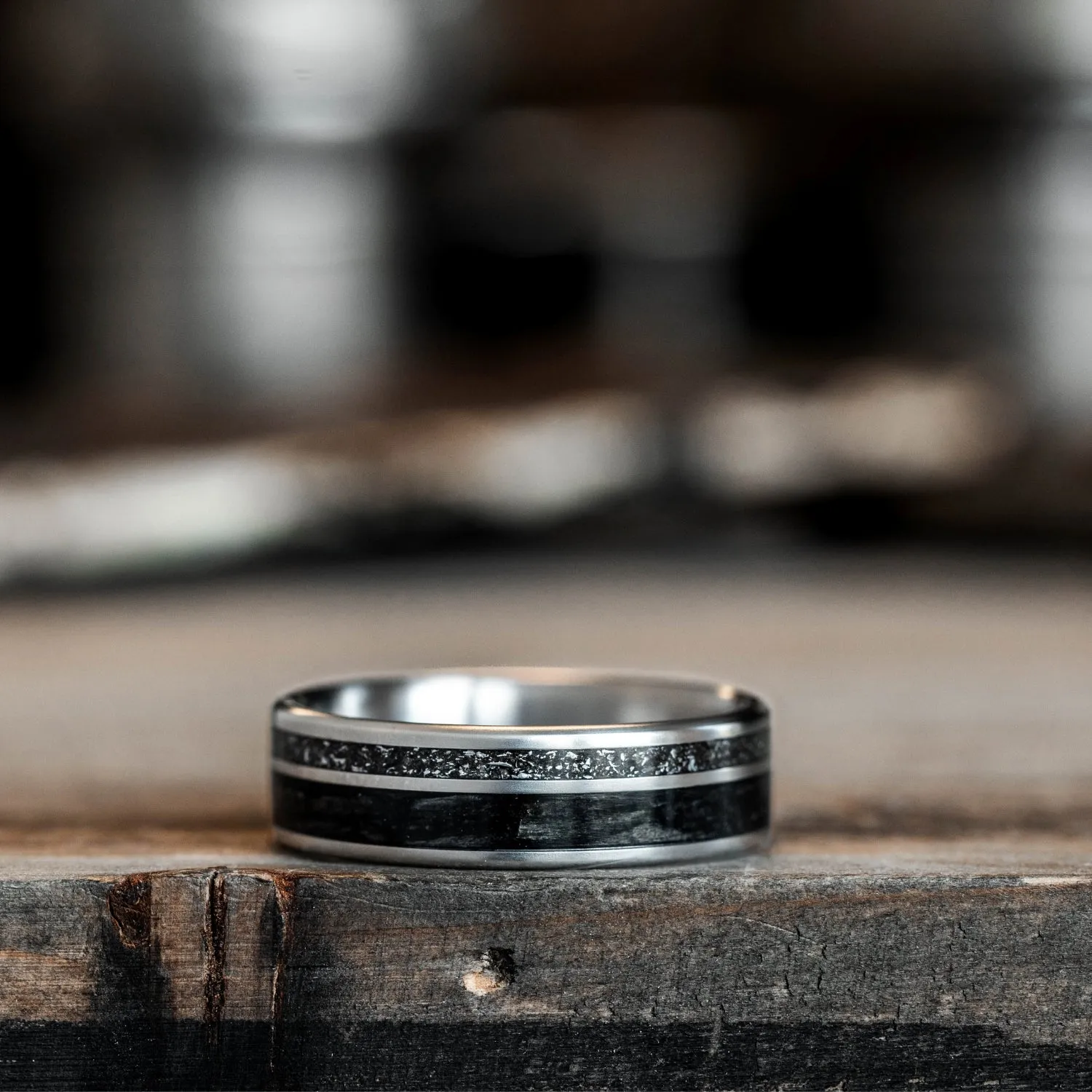 (In-Stock) The Midnight Barrel | Men's Whiskey Barrel, Meteorite Dust, & Titanium Wedding Band - Size 10.75 | 7mm Wide