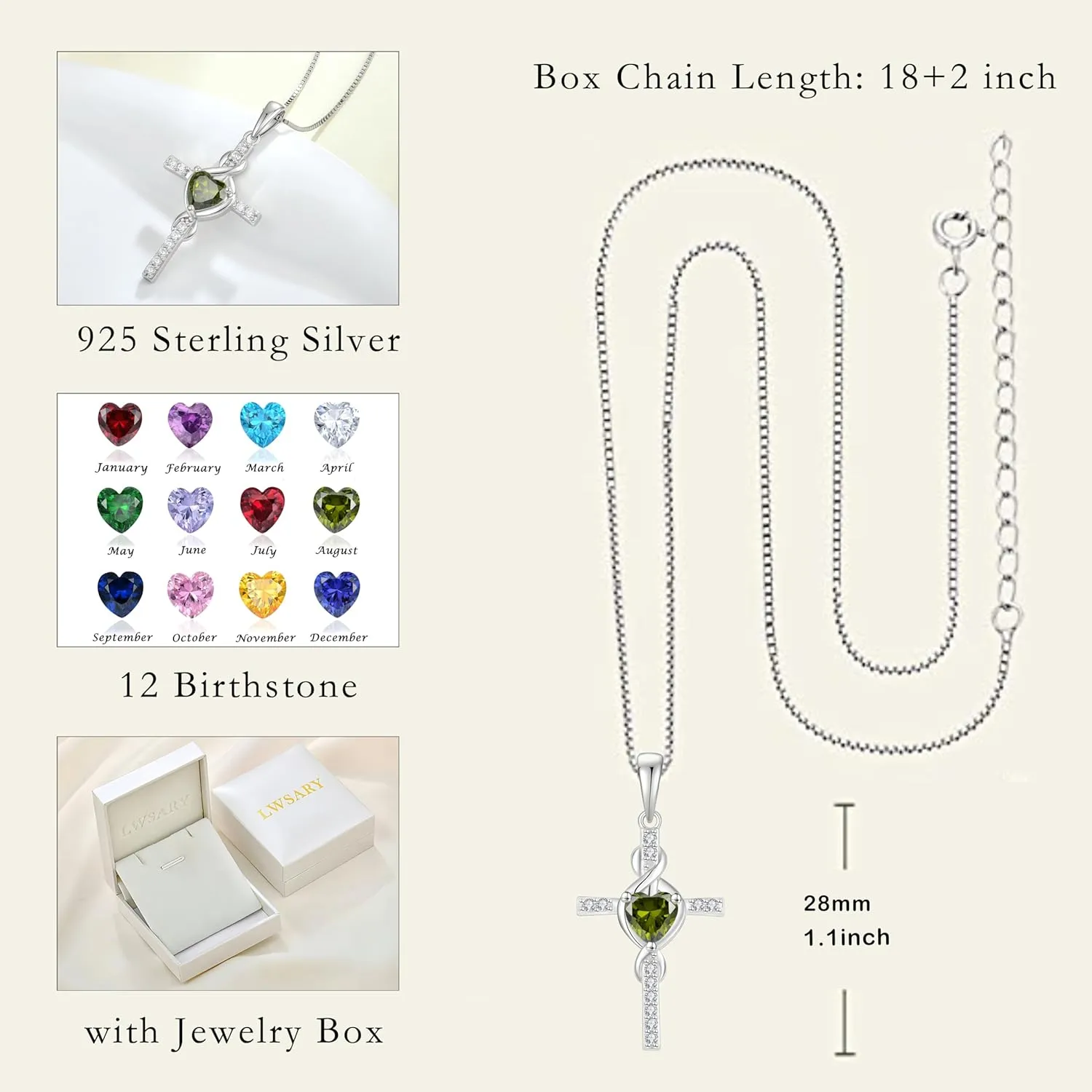 Infinity Cross Necklace 925 Sterling Silver Crucifix Christian Religious Pendant Birthstone Jewelry Gifts for Women