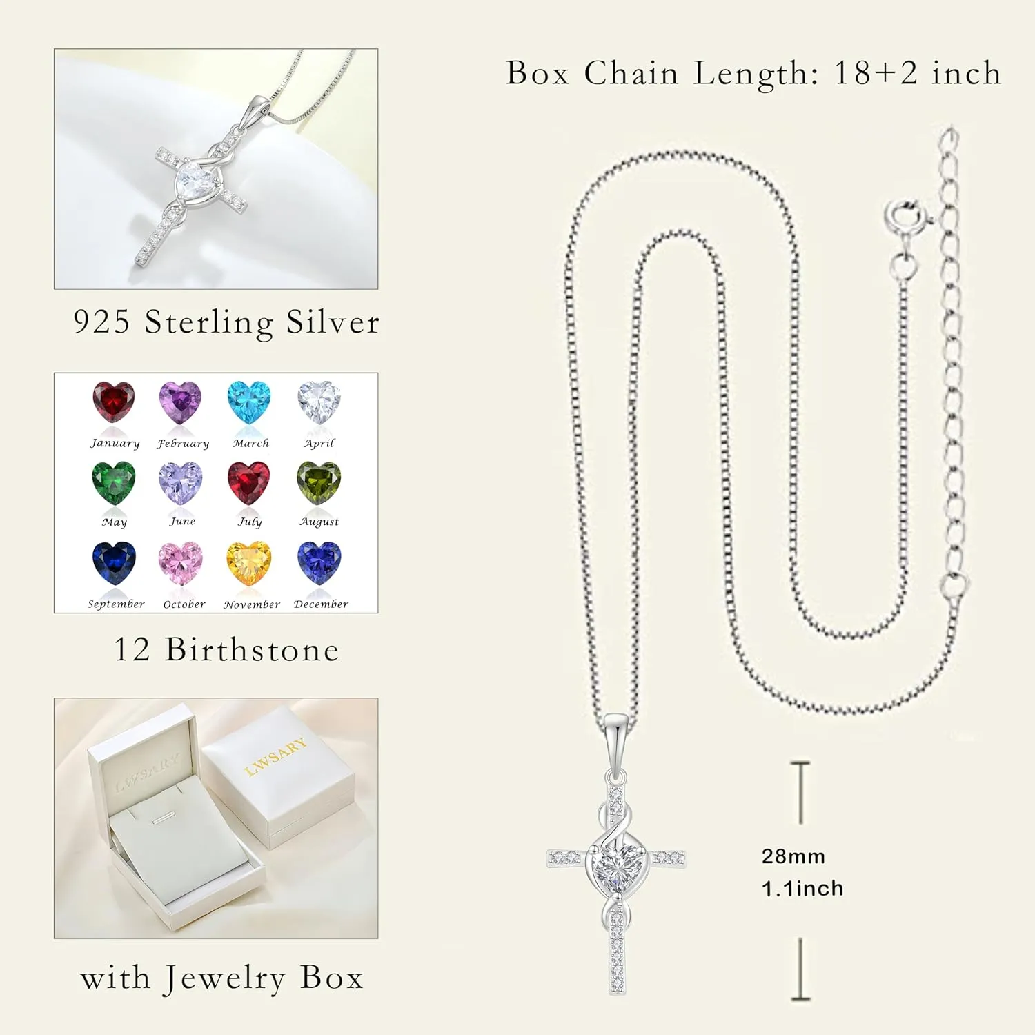 Infinity Cross Necklace 925 Sterling Silver Crucifix Christian Religious Pendant Birthstone Jewelry Gifts for Women