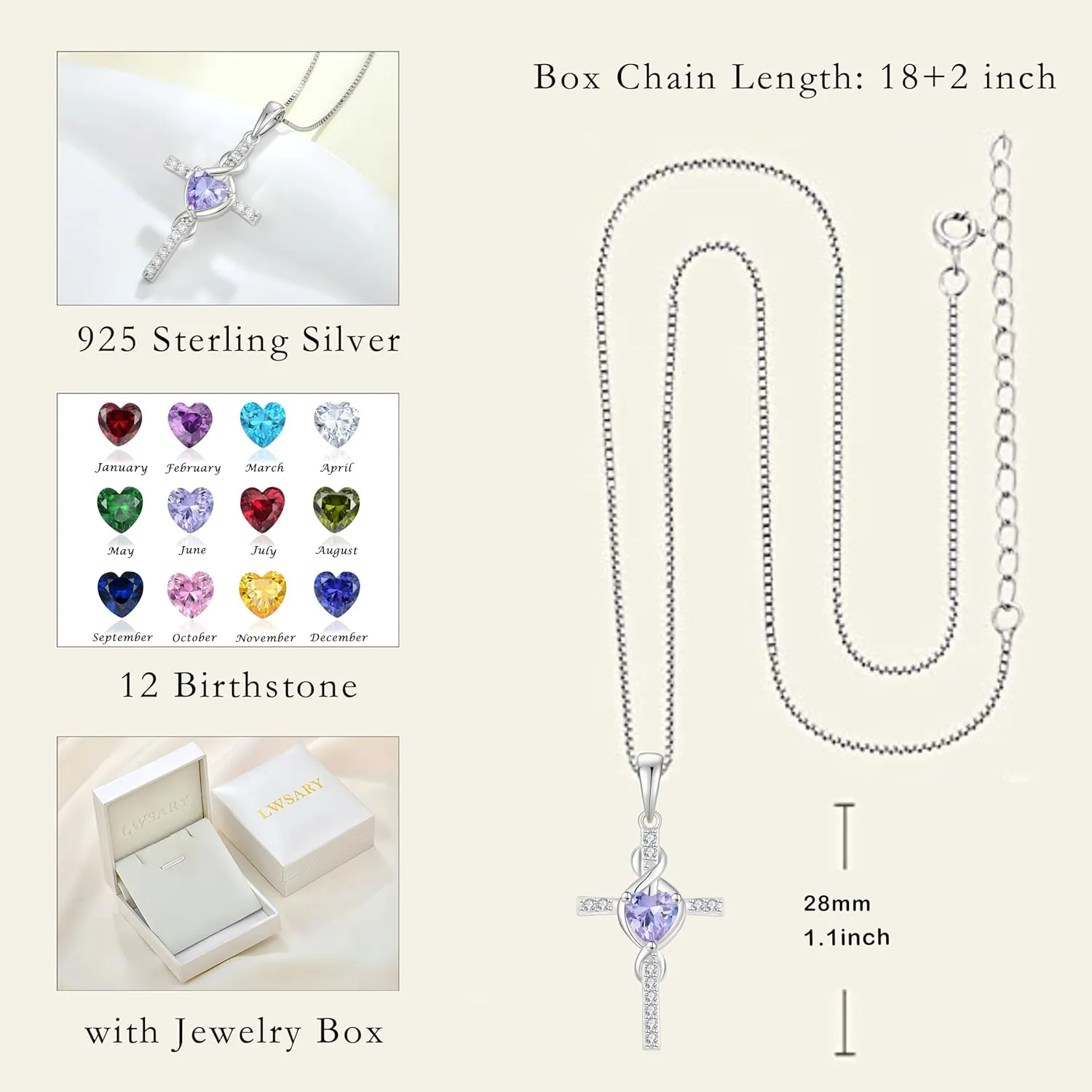 Infinity Cross Necklace 925 Sterling Silver Crucifix Christian Religious Pendant Birthstone Jewelry Gifts for Women