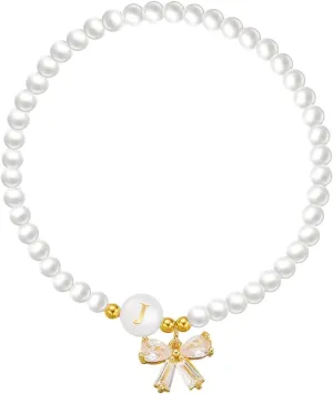 Initial Bracelets A-Z 26 Letters Pearl Bracelet with Bow Charms for Women Rhinestone Bow Bracelets Adjustable Jewelry for Mom Daughter Birthday Gift