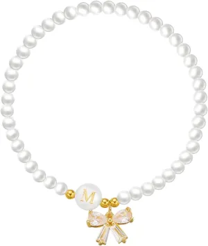 Initial Bracelets A-Z 26 Letters Pearl Bracelet with Bow Charms for Women Rhinestone Bow Bracelets Adjustable Jewelry for Mom Daughter Birthday Gift