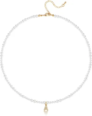Initial Pearl Necklaces for Women 14K Gold Plated Dainty Pearl Chain Necklace Initial Charm Pendant Pearl Choker Jewelry