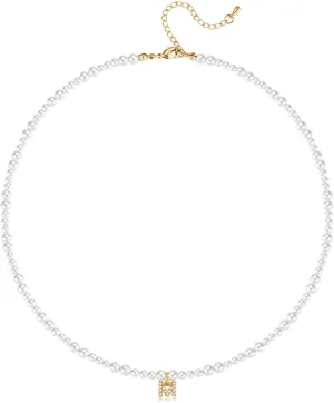 Initial Pearl Necklaces for Women 14K Gold Plated Dainty Pearl Chain Necklace Initial Charm Pendant Pearl Choker Jewelry