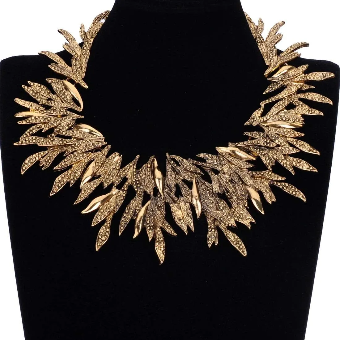 Jerollin Women's Statement Collar Choker Chuncky Bib Necklace Set, African Sparkling Canine Shape Fringe Necklace