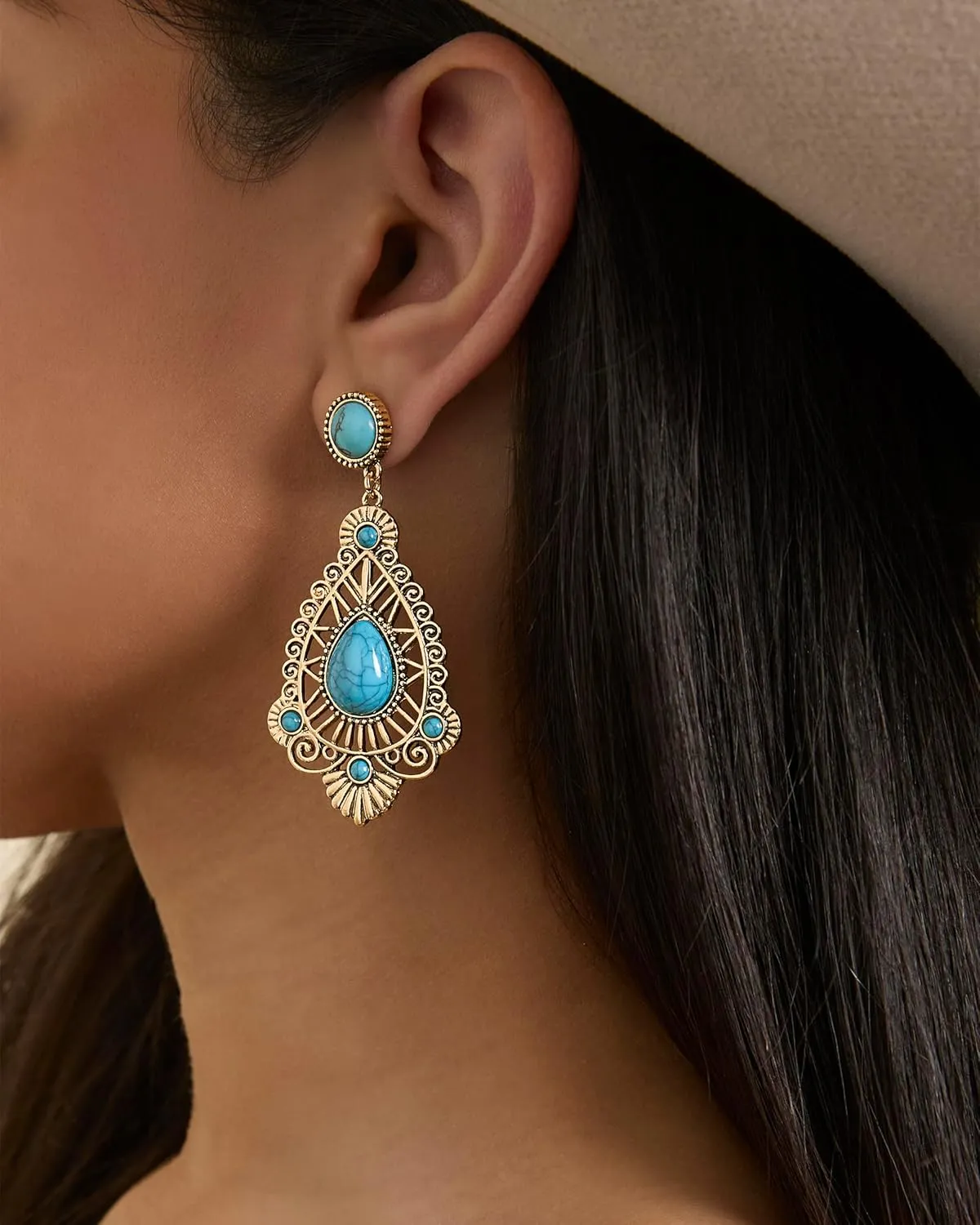 Jessica Simpson Womens Turquoise Earrings - Oxidized Gold-Tone or Silver-Tone Turquoise Dangle Earrings for Women