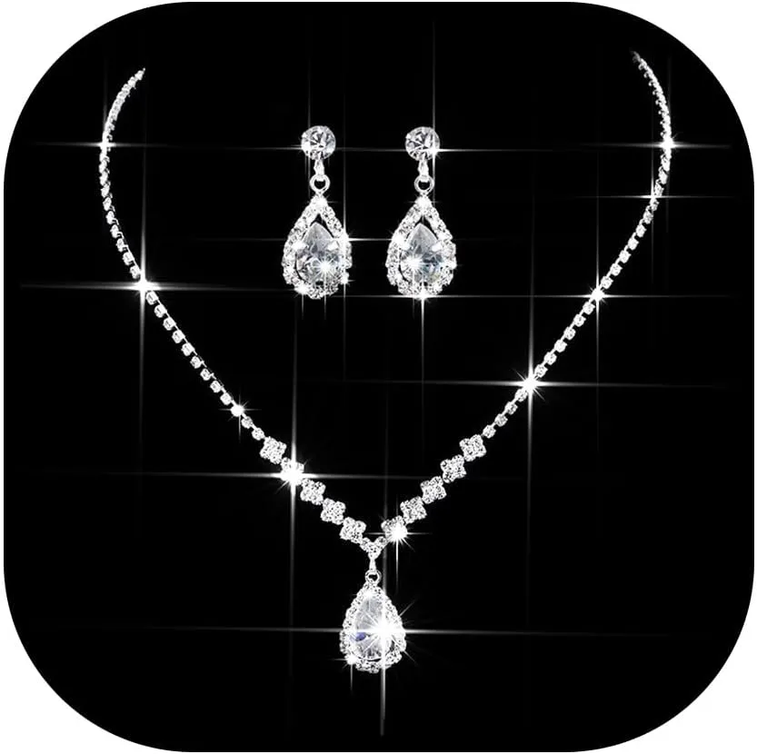 JEWEKY Bride Rhinestone Necklace And Earrings Jewelry Set Silver Crystal Choker Necklaces Prom Wedding Neck Chain for Women