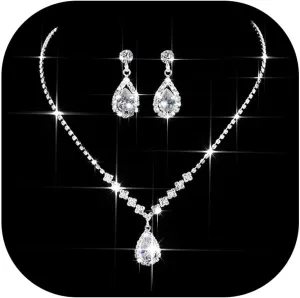 JEWEKY Bride Rhinestone Necklace And Earrings Jewelry Set Silver Crystal Choker Necklaces Prom Wedding Neck Chain for Women