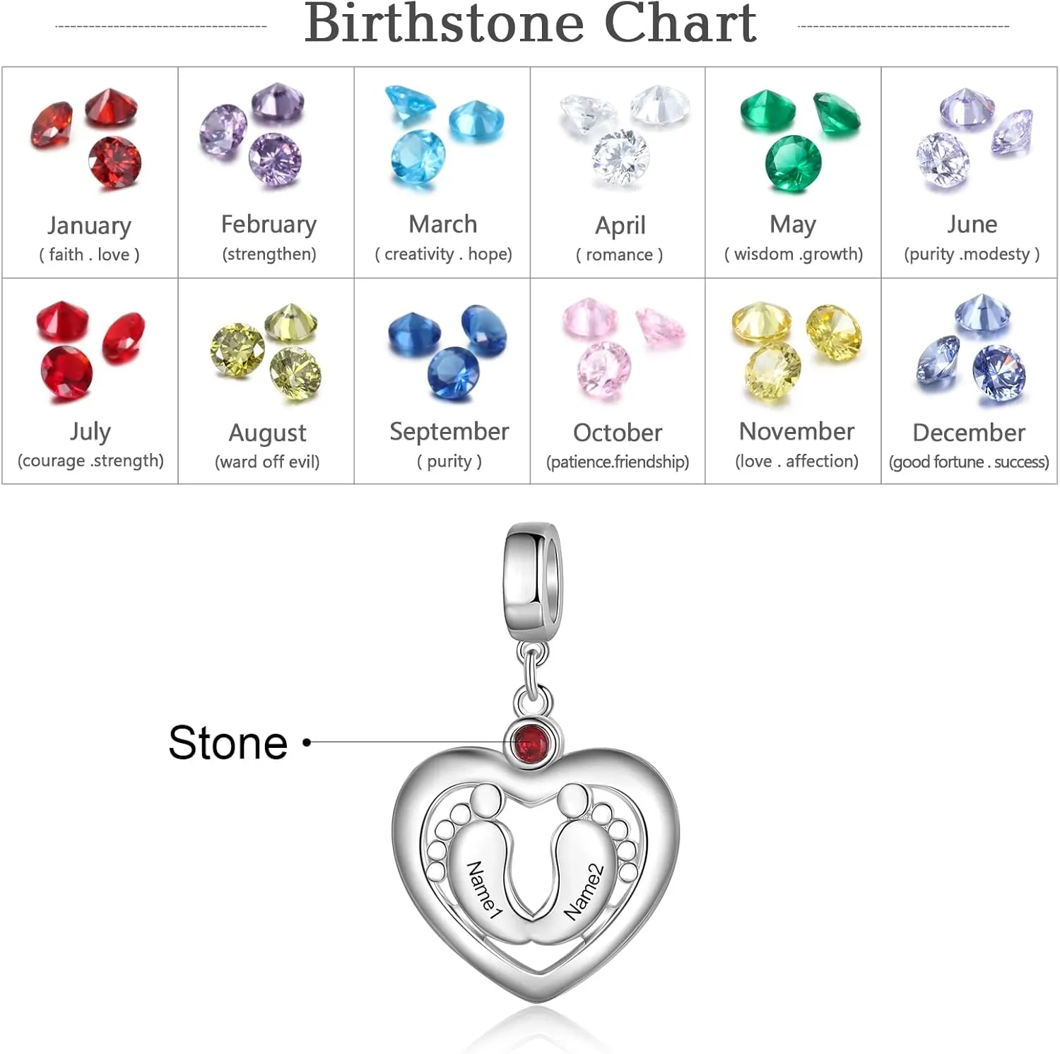 JewelOra Personalized Photo Feet Charm Bead Fit Pandora Bracelet Necklace Customized Engraved Name Heart Charm Bead with Simulated Birthstones Jewelry Gift for Mother Daughter Sister