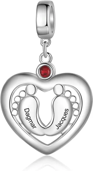 JewelOra Personalized Photo Feet Charm Bead Fit Pandora Bracelet Necklace Customized Engraved Name Heart Charm Bead with Simulated Birthstones Jewelry Gift for Mother Daughter Sister