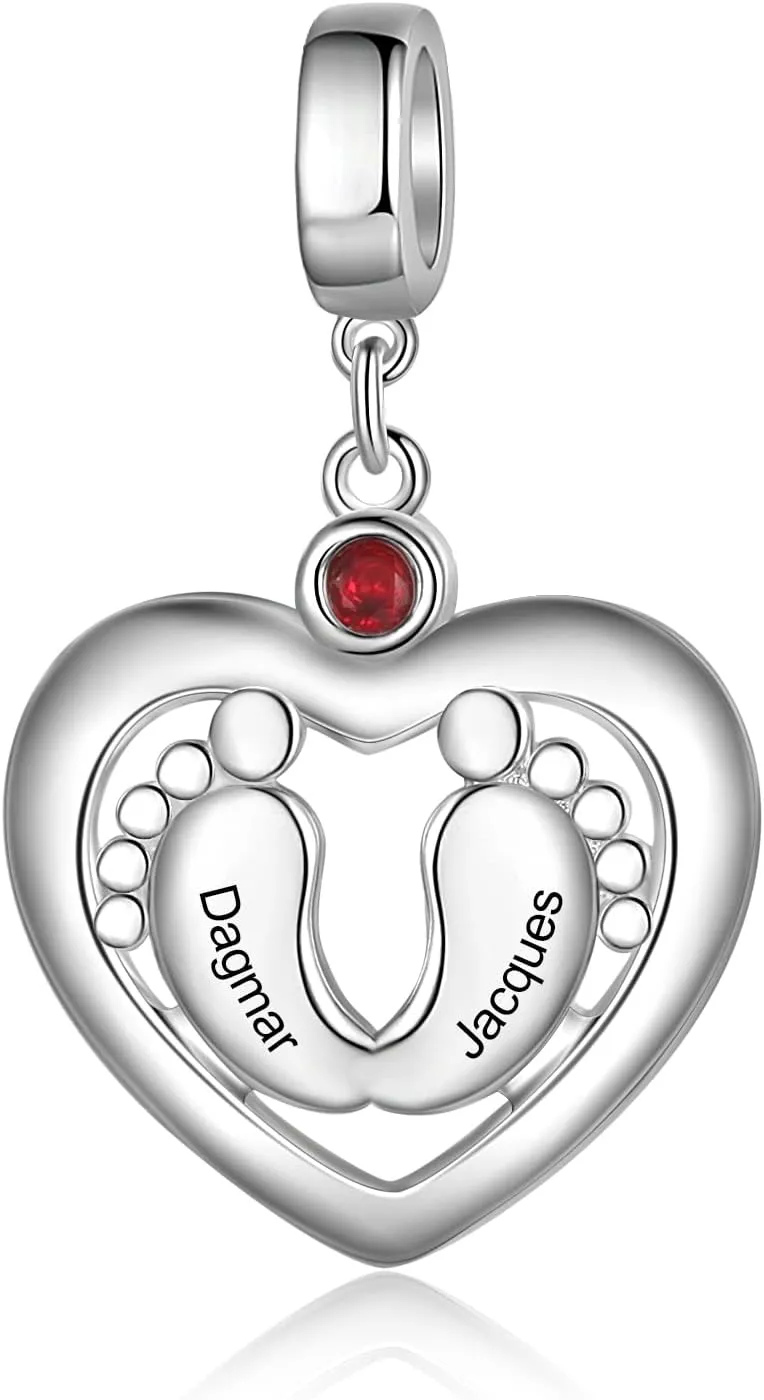 JewelOra Personalized Photo Feet Charm Bead Fit Pandora Bracelet Necklace Customized Engraved Name Heart Charm Bead with Simulated Birthstones Jewelry Gift for Mother Daughter Sister