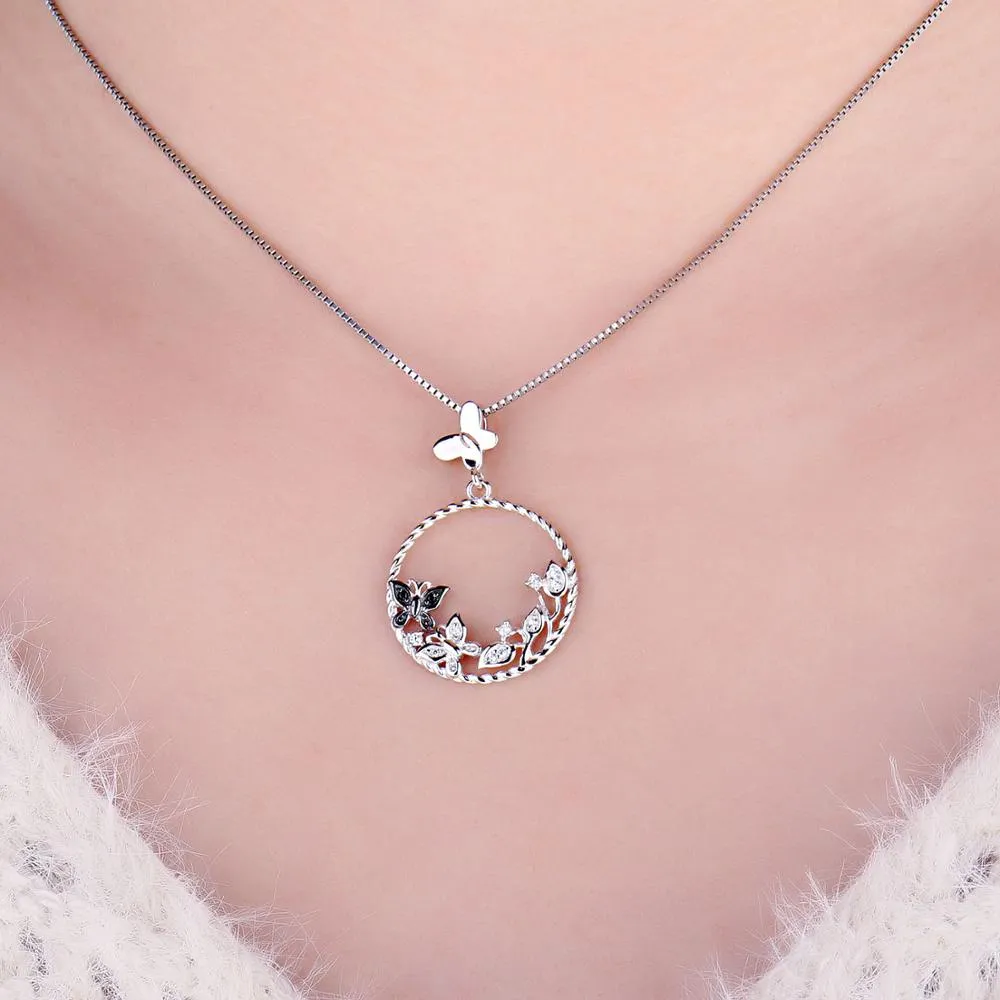 JewelryPalace Butterfly Flower 925 Sterling Silver Pendant Natural Black Spinel Gemstone Pendant Necklace Women Jewelry No Chain
