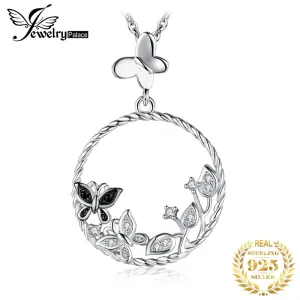 JewelryPalace Butterfly Flower 925 Sterling Silver Pendant Natural Black Spinel Gemstone Pendant Necklace Women Jewelry No Chain