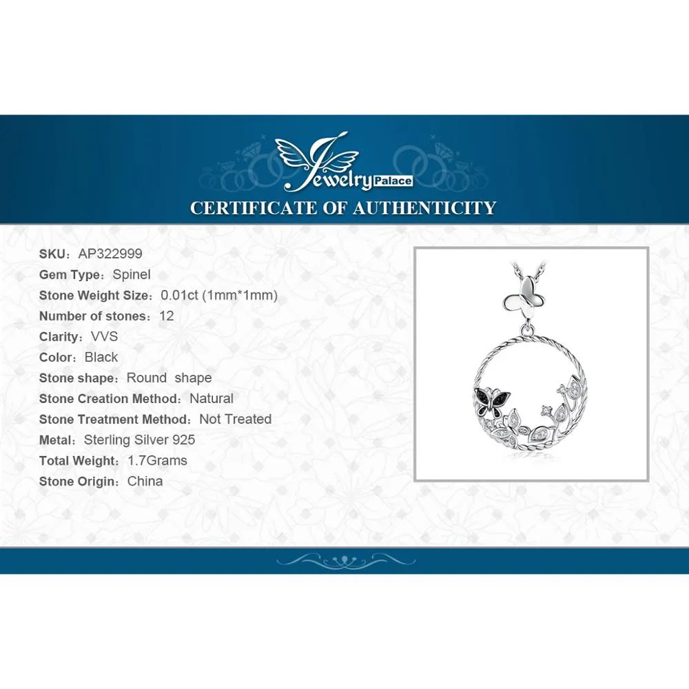 JewelryPalace Butterfly Flower 925 Sterling Silver Pendant Natural Black Spinel Gemstone Pendant Necklace Women Jewelry No Chain
