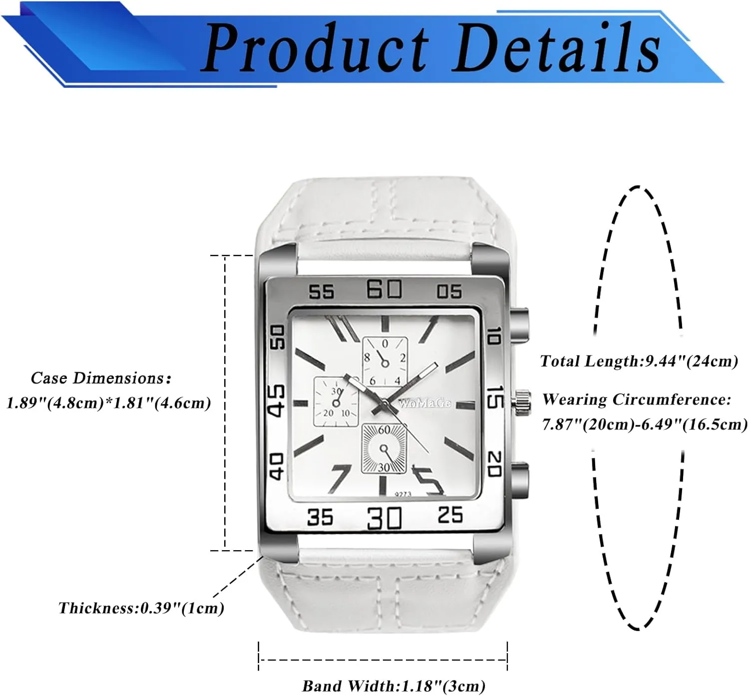 JewelryWe Square Leather Wrist Watch for Men Punk Analog Quartz Watch Black Casual Business Dress Watches