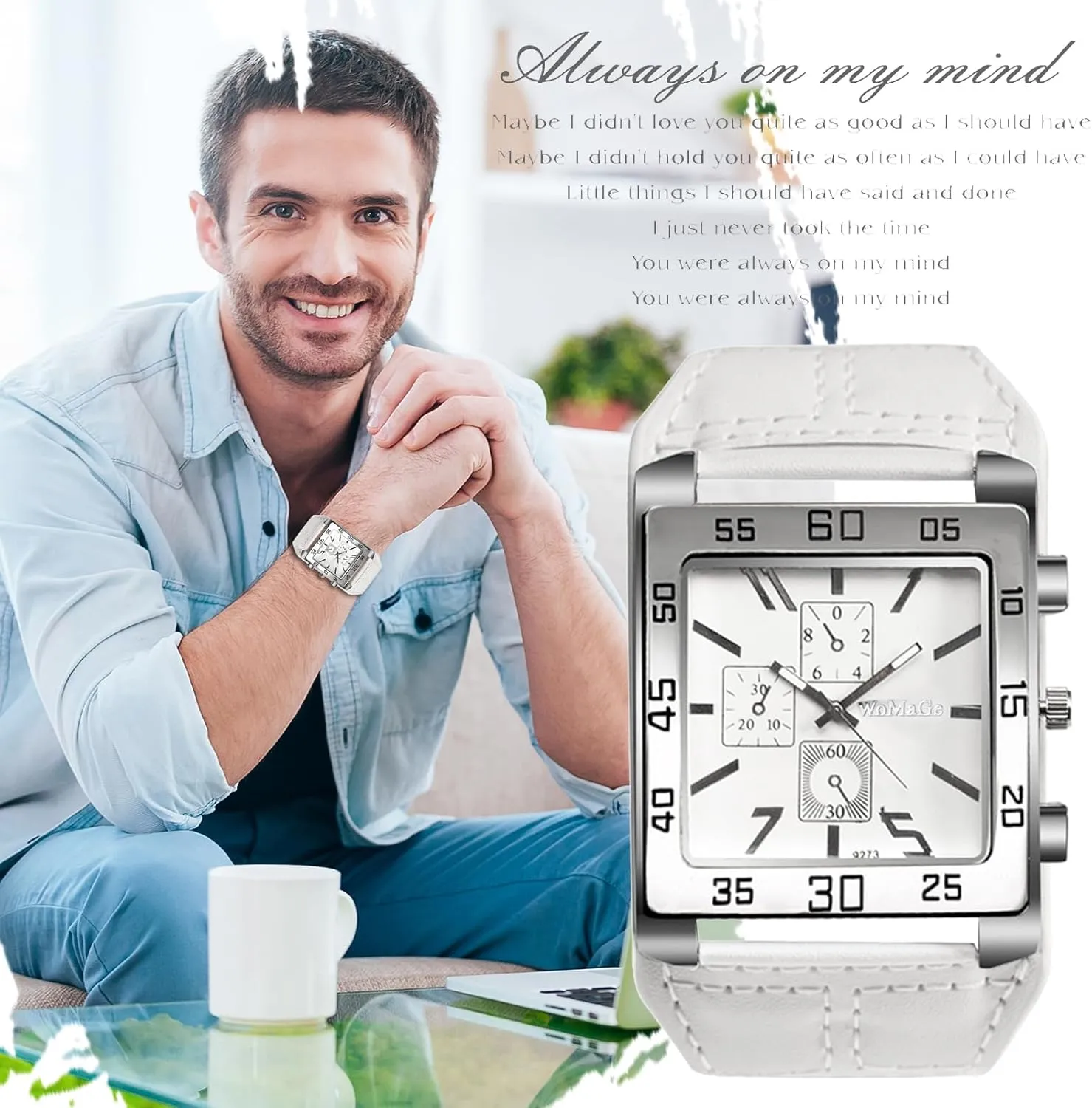 JewelryWe Square Leather Wrist Watch for Men Punk Analog Quartz Watch Black Casual Business Dress Watches