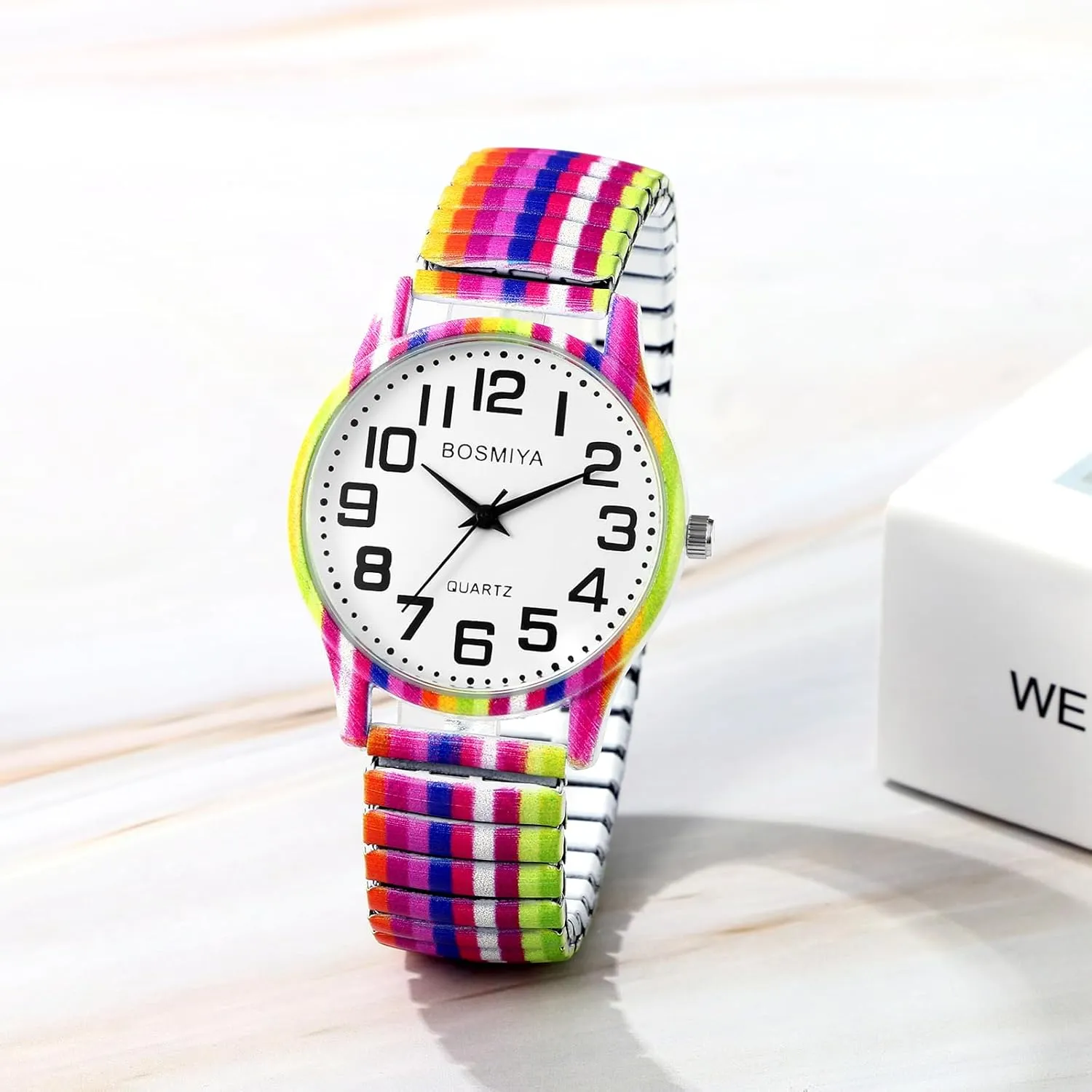 JewelryWe Womens Stretch Band Watches: Easy Reader Analog Quartz Elastic Watch Casual Floral Expansion Band Wristwatch