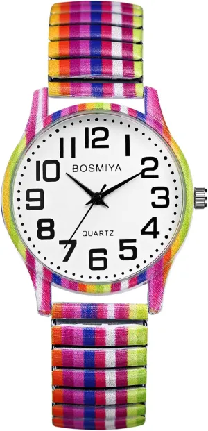 JewelryWe Womens Stretch Band Watches: Easy Reader Analog Quartz Elastic Watch Casual Floral Expansion Band Wristwatch