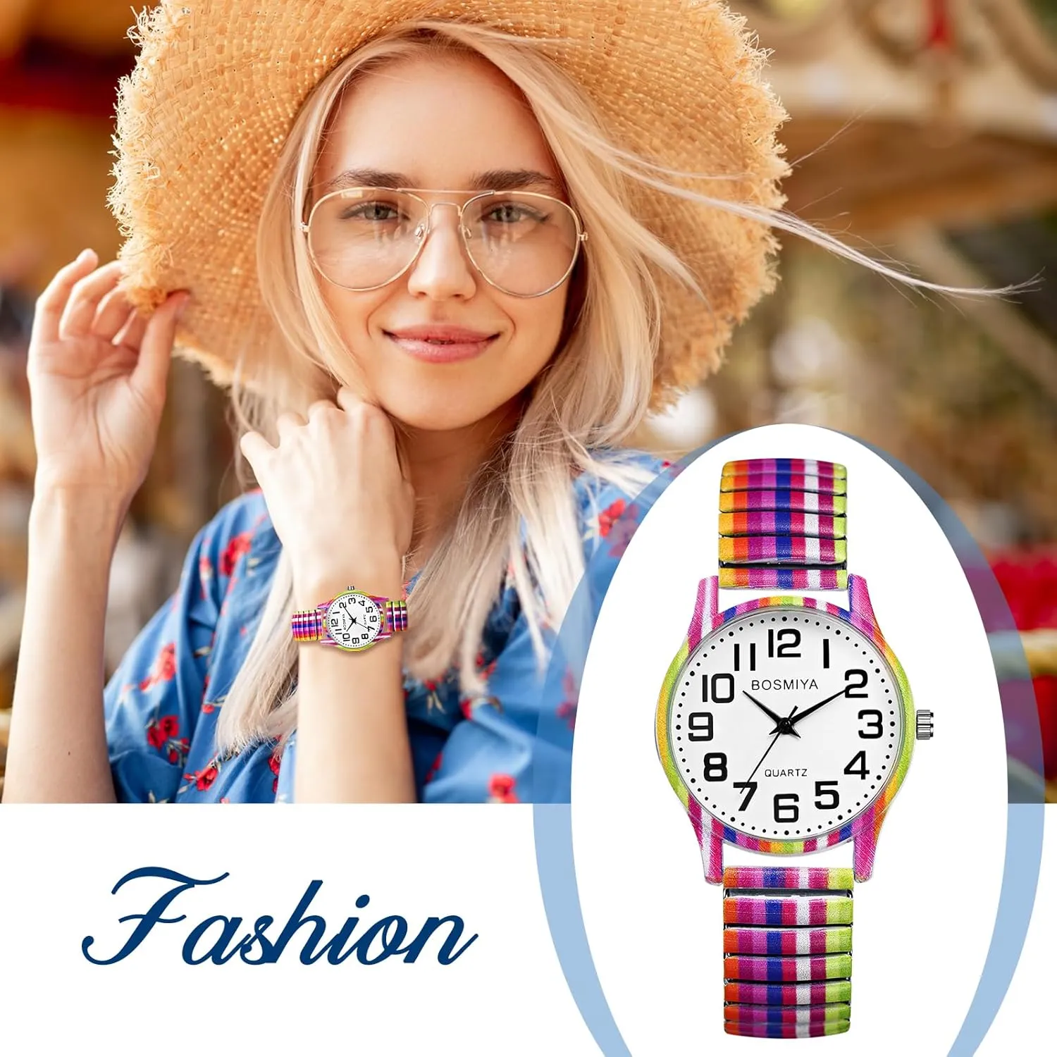 JewelryWe Womens Stretch Band Watches: Easy Reader Analog Quartz Elastic Watch Casual Floral Expansion Band Wristwatch