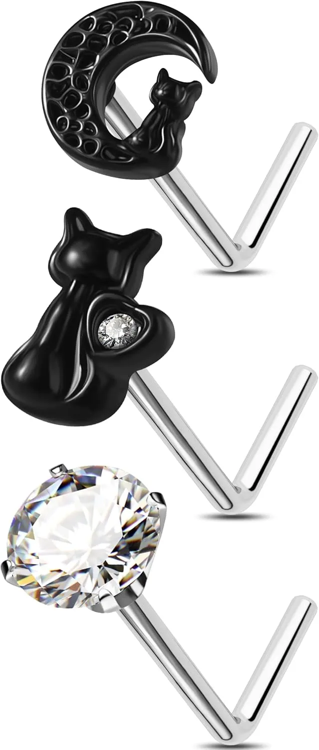 Jewseen 3PCS Nose Rings Studs 20g Surgical Steel Halloween Nose Piercing Jewelry Moon Cat Nose Studs Nose Rings for Women