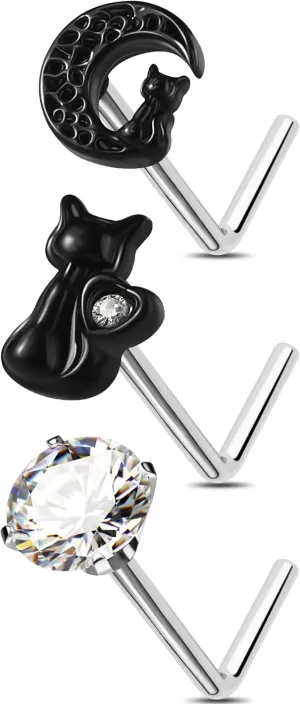 Jewseen 3PCS Nose Rings Studs 20g Surgical Steel Halloween Nose Piercing Jewelry Moon Cat Nose Studs Nose Rings for Women