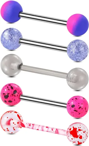 Jewseen 5Pcs Tongue Rings 14G Tongue Piercing Jewelry Pink Tongue Barbells Surgical Steel Tongue Studs Purple Nipple Rings Colorful Straight Barbell Body Piercing Jewelry for Women