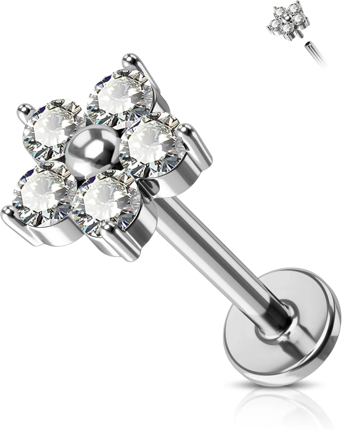 Jewseen G23 Titanium Cartilage Studs Internally Threaded Conch Piercing Jewelry 16G Helix Earrings CZ Flat Back Stud Flower Cartilage Earrings Opal Lip Rings Tragus Conch Nose Piercing