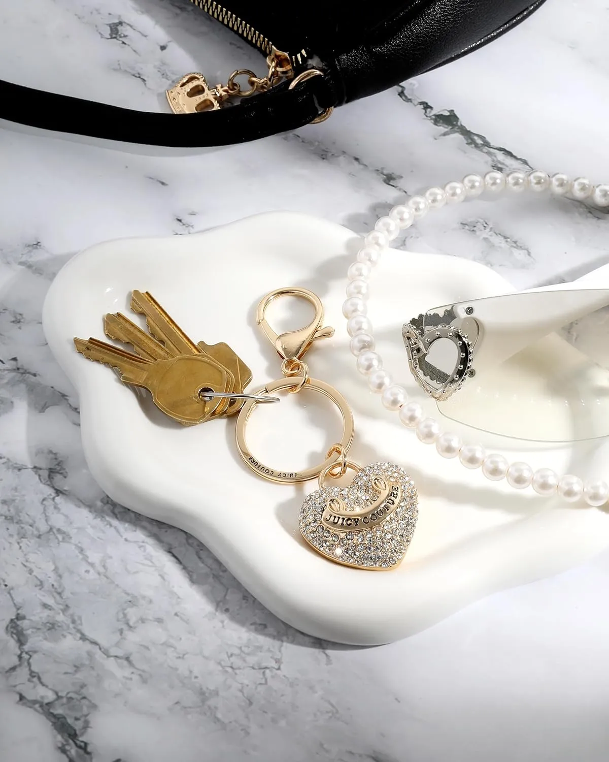 Juicy Couture Cute Keychains for Women, Gold-Tone Logo Key Chain with Clear Crystals, Purse Charms, Bag Charms, Juicy Gifts