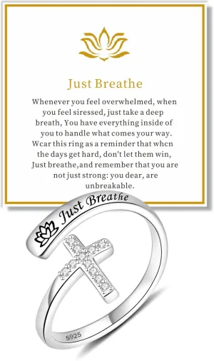 Just Breathe Ring - Sterling Silver Adjustable Cross Ring, Inspirational Jewelry for Women - Hypoallergenic and Thoughtful Gift for Wellness & Faith
