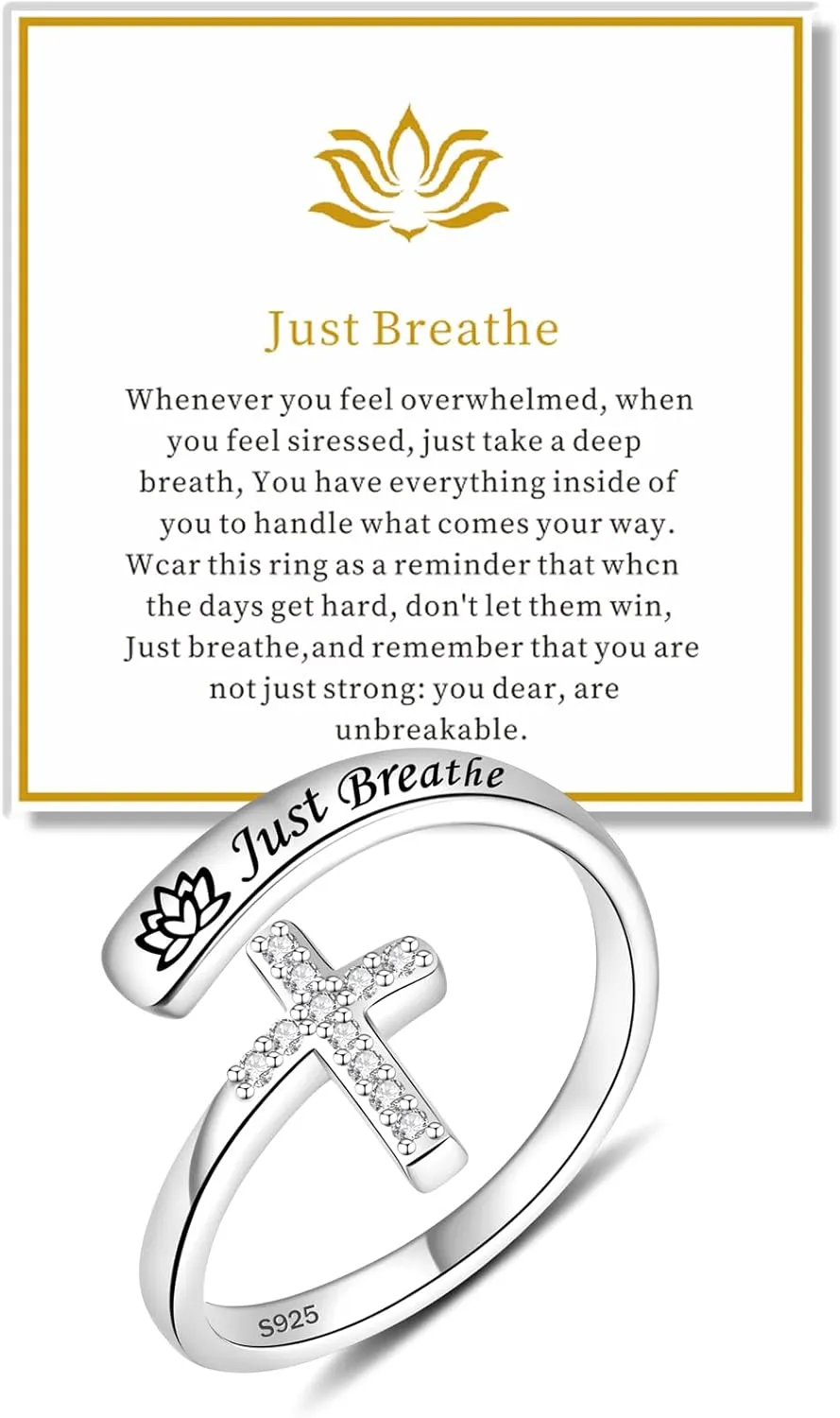 Just Breathe Ring - Sterling Silver Adjustable Cross Ring, Inspirational Jewelry for Women - Hypoallergenic and Thoughtful Gift for Wellness & Faith
