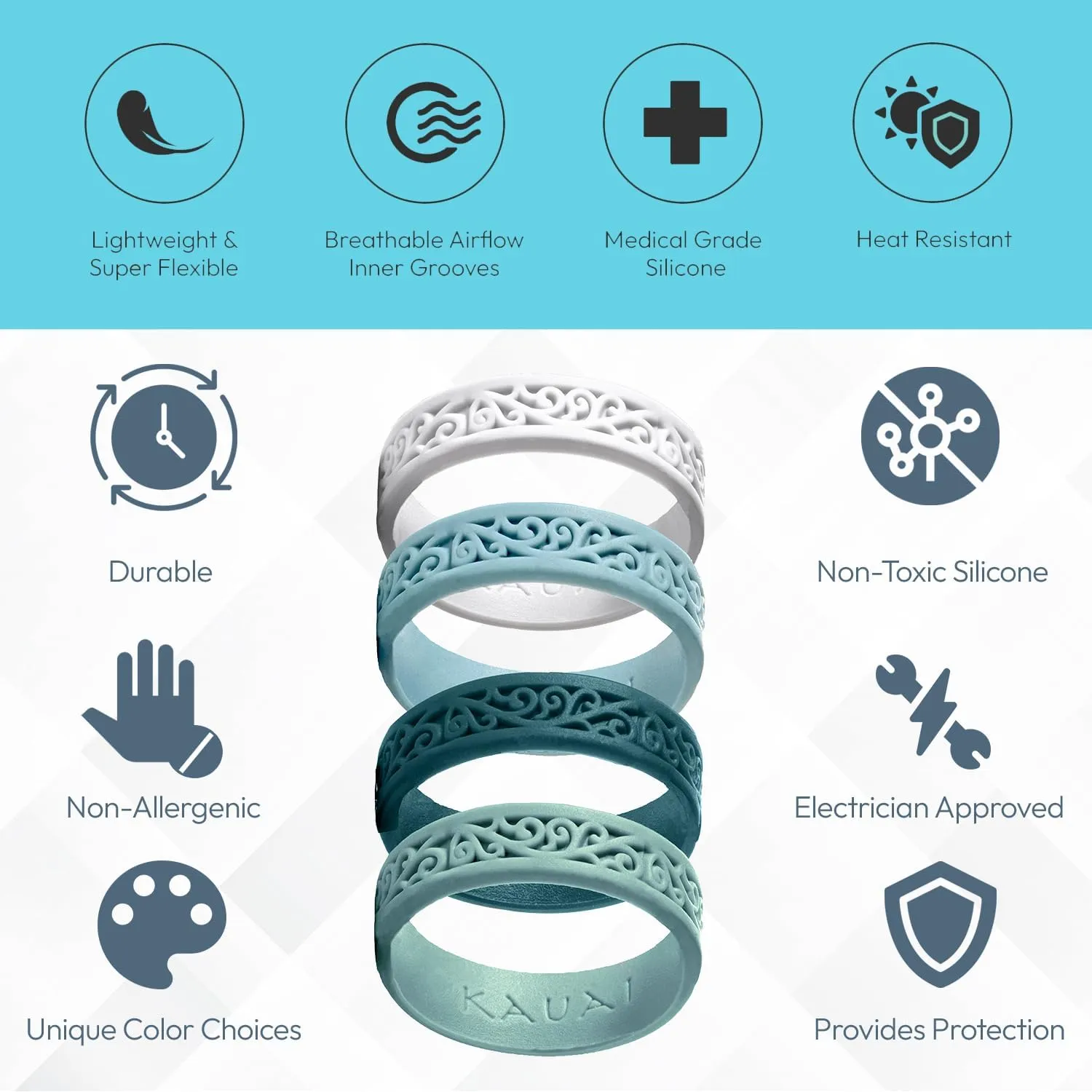 KAUAI Silicone Rings for Women  Soft and Pretty. Comfortable, Breathable, Stackable Rings. Lightweight Rubber Womens Engagement Ring & Wedding Band. Womens thin Unisex Bands