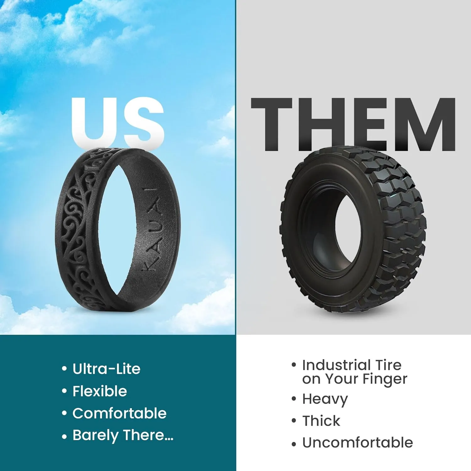 KAUAI Silicone Rings for Women  Soft and Pretty. Comfortable, Breathable, Stackable Rings. Lightweight Rubber Womens Engagement Ring & Wedding Band. Womens thin Unisex Bands