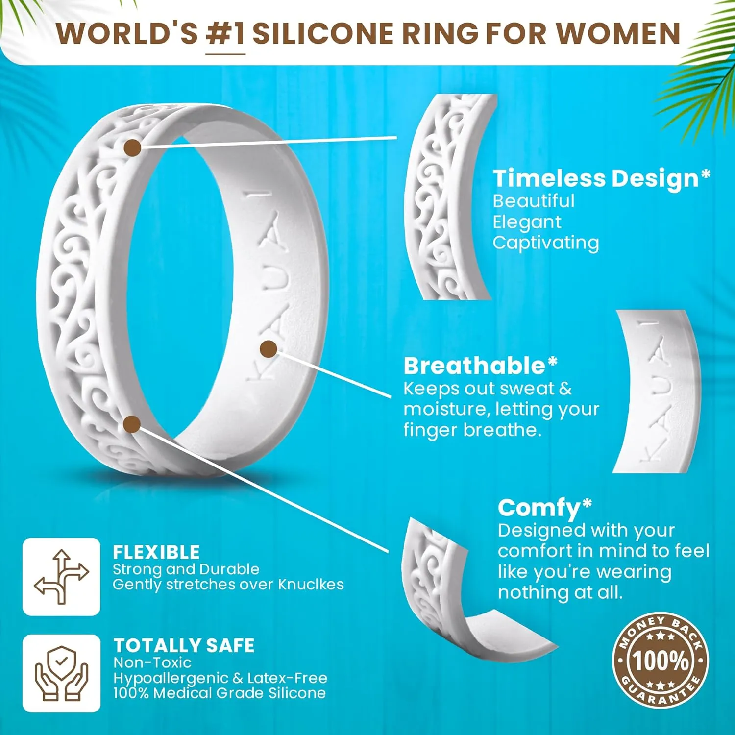 KAUAI Silicone Rings for Women  Soft and Pretty. Comfortable, Breathable, Stackable Rings. Lightweight Rubber Womens Engagement Ring & Wedding Band. Womens thin Unisex Bands