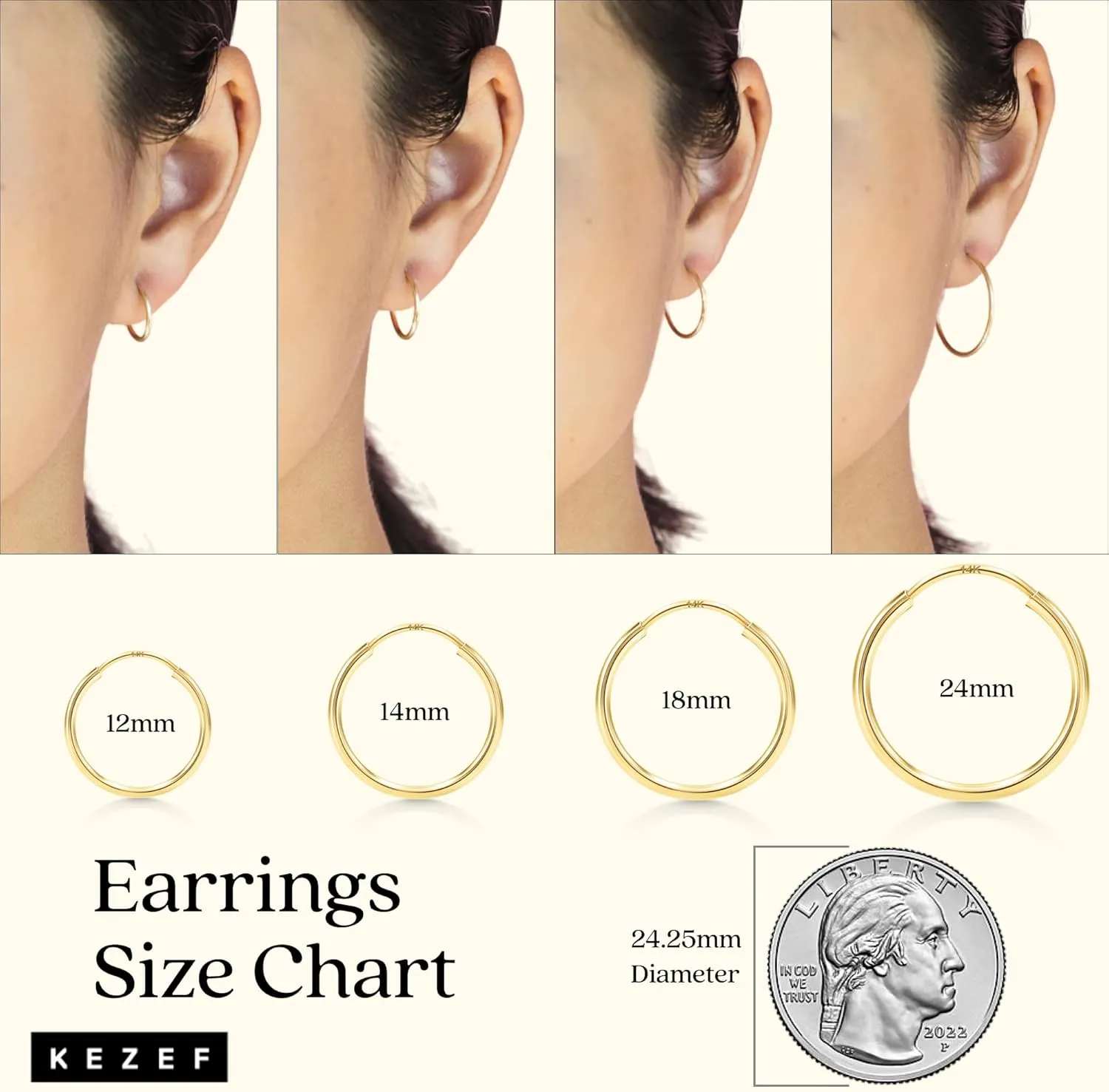 KEZEF 14K Gold Hoop Earrings for Women  Hypoallergenic Very Thin Endless Infinity Hoop, Gold Filled Earrings  Available in 12mm, 14mm, 18mm, & 24mm Diameter