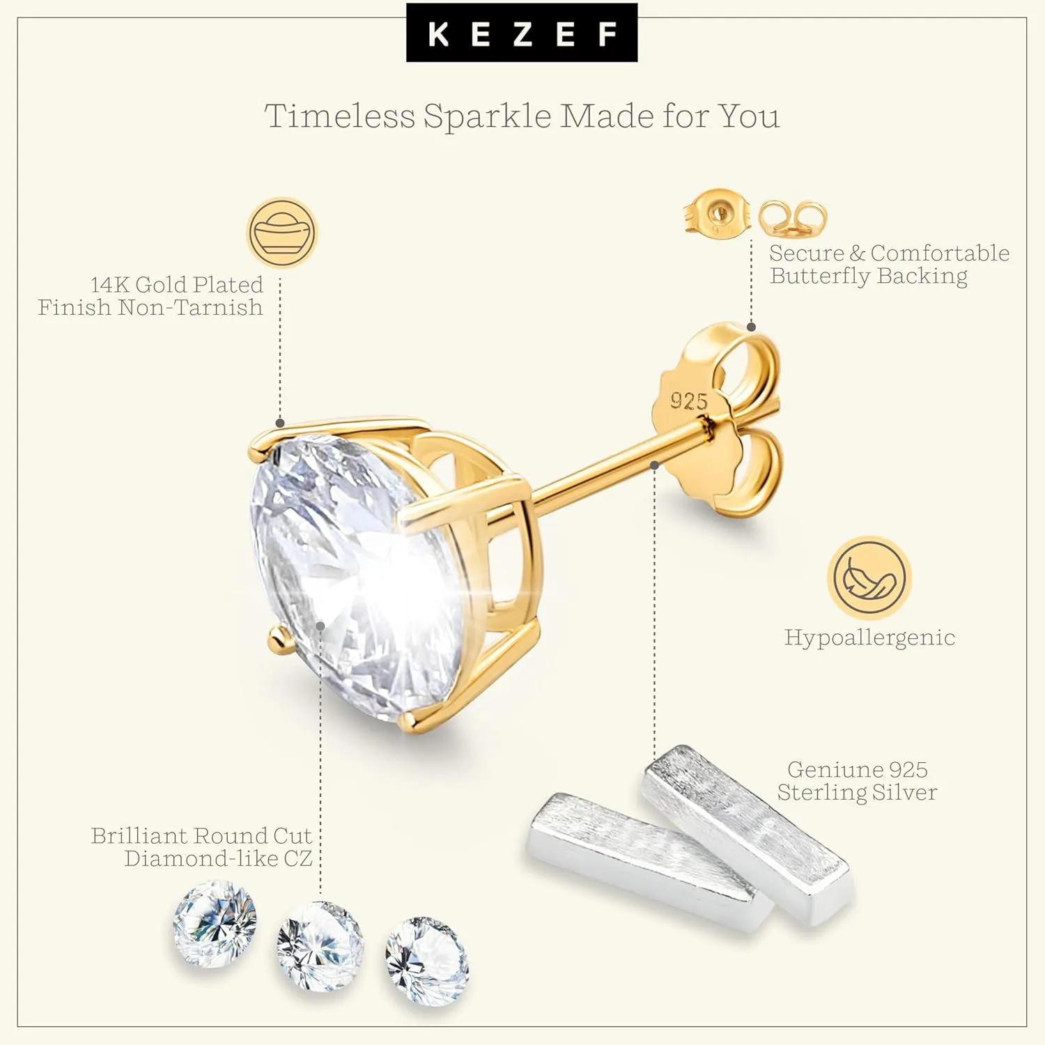 KEZEF Sterling Silver Stud Earrings for Women & Men - 4-Prong Setting Cubic Zirconia Earrings Studs - Premium CZ S925 Hypoallergenic - Available in 14K White and Yellow Gold, Rose Gold - 3mm to 9mm