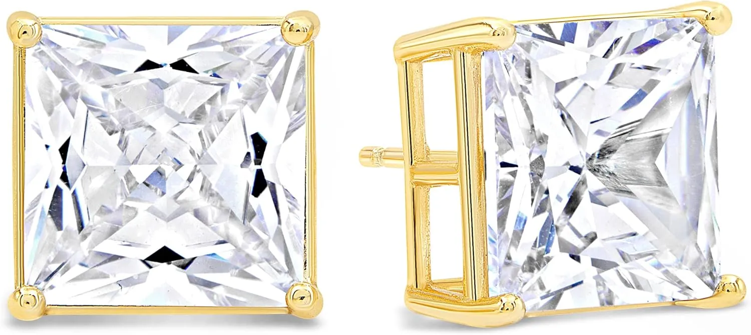 KEZEF Yellow Gold Plated Sterling Silver Stud Earrings | Square Princess Cut CZ Cubic Zirconia for Women and Men | Square Basket Setting Stud Earring | 11mm
