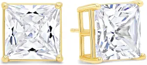 KEZEF Yellow Gold Plated Sterling Silver Stud Earrings | Square Princess Cut CZ Cubic Zirconia for Women and Men | Square Basket Setting Stud Earring | 11mm