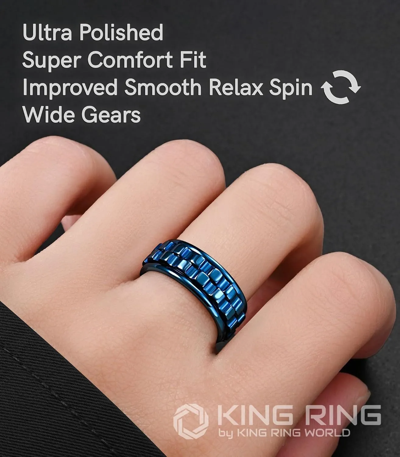 King Ring 8mm Wide Gear Spinner Rings  Ultra Polished Heavy Fidget Rings for Men & Women  Designed in USA