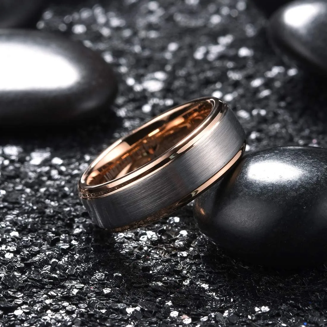 King Will Mens Wedding Band Two Tone Matte Step Edges/Pipe Cut Tungsten Carbide Wedding Ring Set Anniversary Promise Rings Comfort Fit