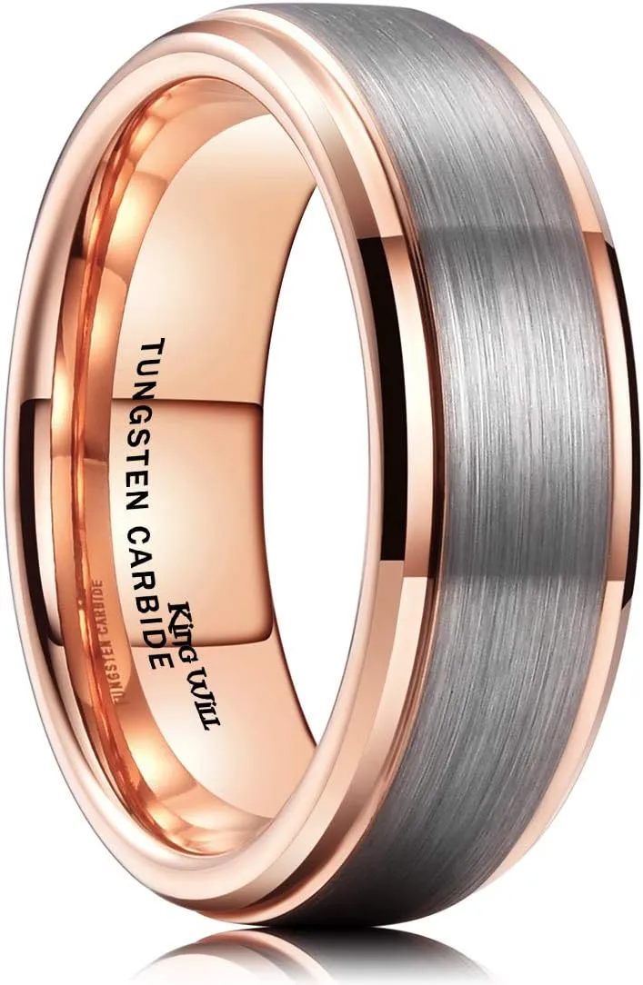 King Will Mens Wedding Band Two Tone Matte Step Edges/Pipe Cut Tungsten Carbide Wedding Ring Set Anniversary Promise Rings Comfort Fit
