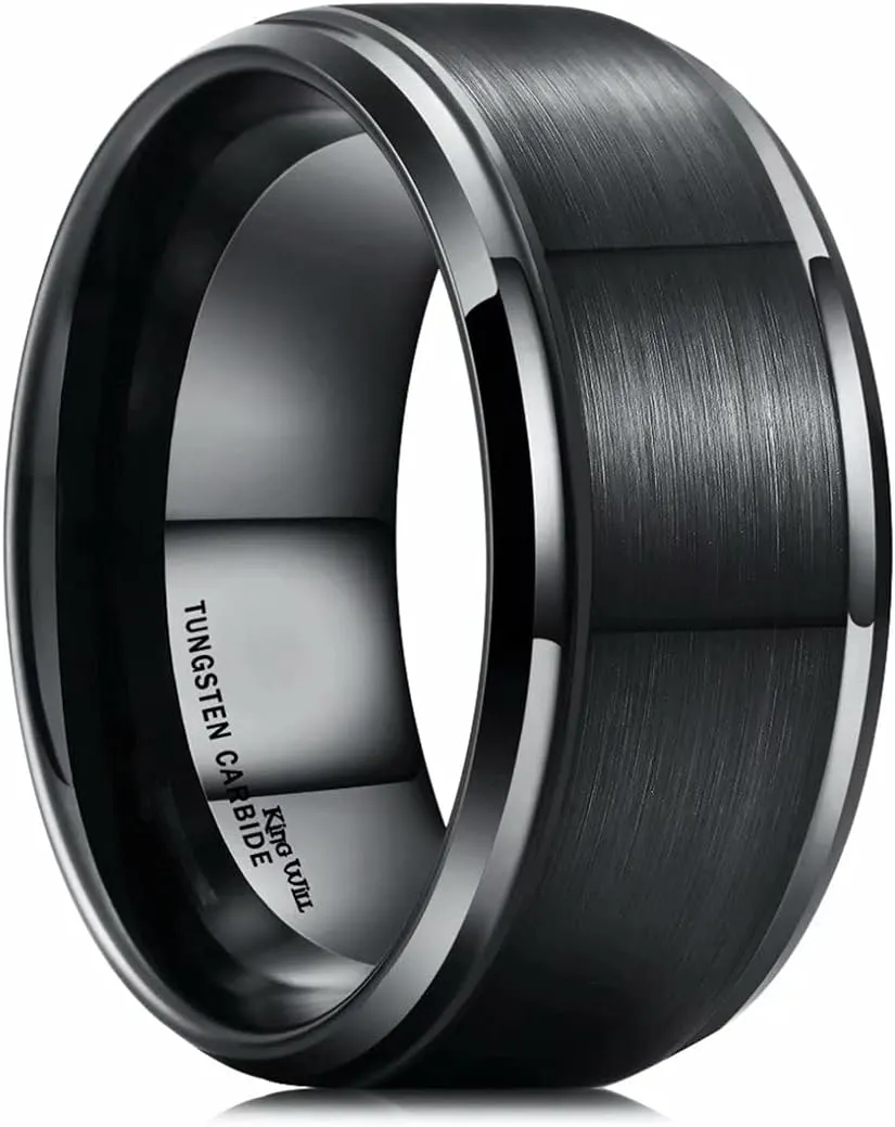 King Will Mens Wedding Band Two Tone Matte Step Edges/Pipe Cut Tungsten Carbide Wedding Ring Set Anniversary Promise Rings Comfort Fit