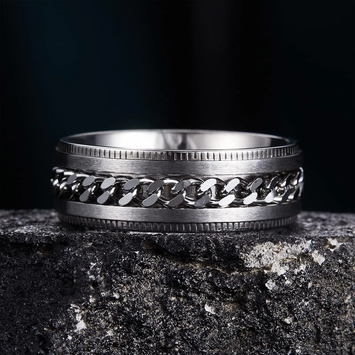 King Will Stainless Steel Men's Ring-8mm Men Chain Fidget Spinner Ring, 316L Stainless Steel Anxiety Ring for Men Women with Stress Free, Cool Wedding Band Comfort Fit Size 4-14