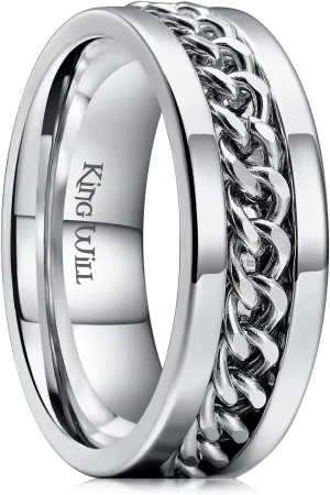 King Will Stainless Steel Men's Ring-8mm Men Chain Fidget Spinner Ring, 316L Stainless Steel Anxiety Ring for Men Women with Stress Free, Cool Wedding Band Comfort Fit Size 4-14