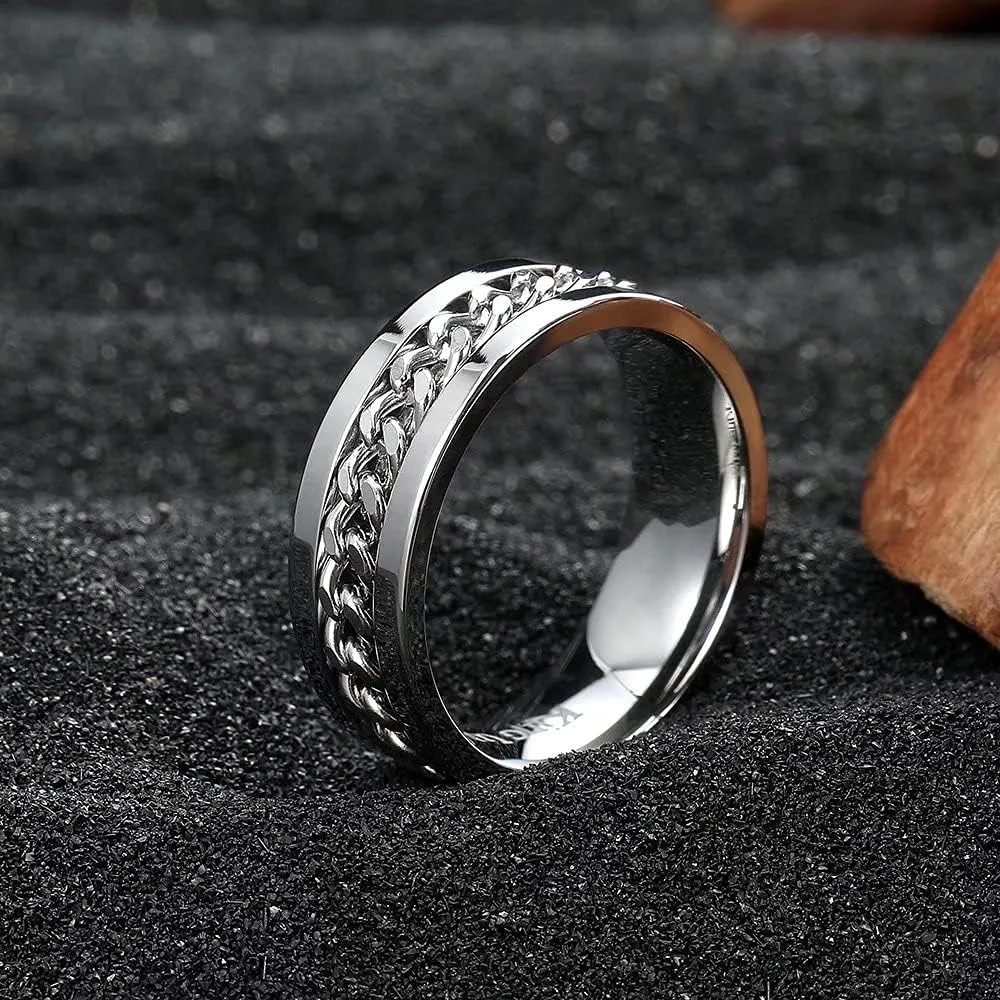 King Will Stainless Steel Men's Ring-8mm Men Chain Fidget Spinner Ring, 316L Stainless Steel Anxiety Ring for Men Women with Stress Free, Cool Wedding Band Comfort Fit Size 4-14