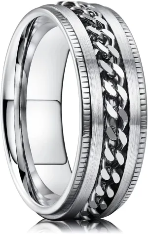 King Will Stainless Steel Men's Ring-8mm Men Chain Fidget Spinner Ring, 316L Stainless Steel Anxiety Ring for Men Women with Stress Free, Cool Wedding Band Comfort Fit Size 4-14