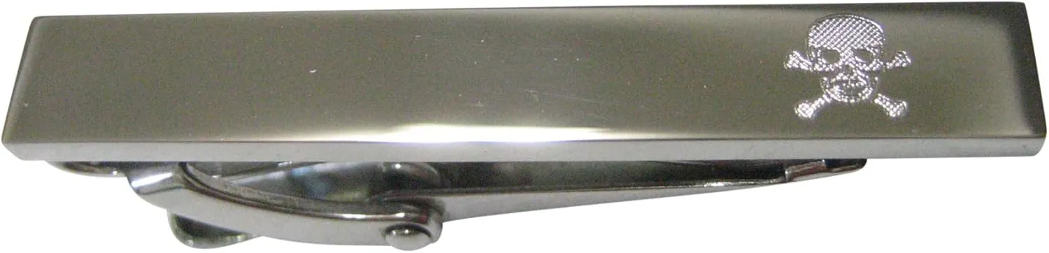 Kiola Designs Silver Toned Etched Sleek Skull and Crossbones Skinny Tie Clip
