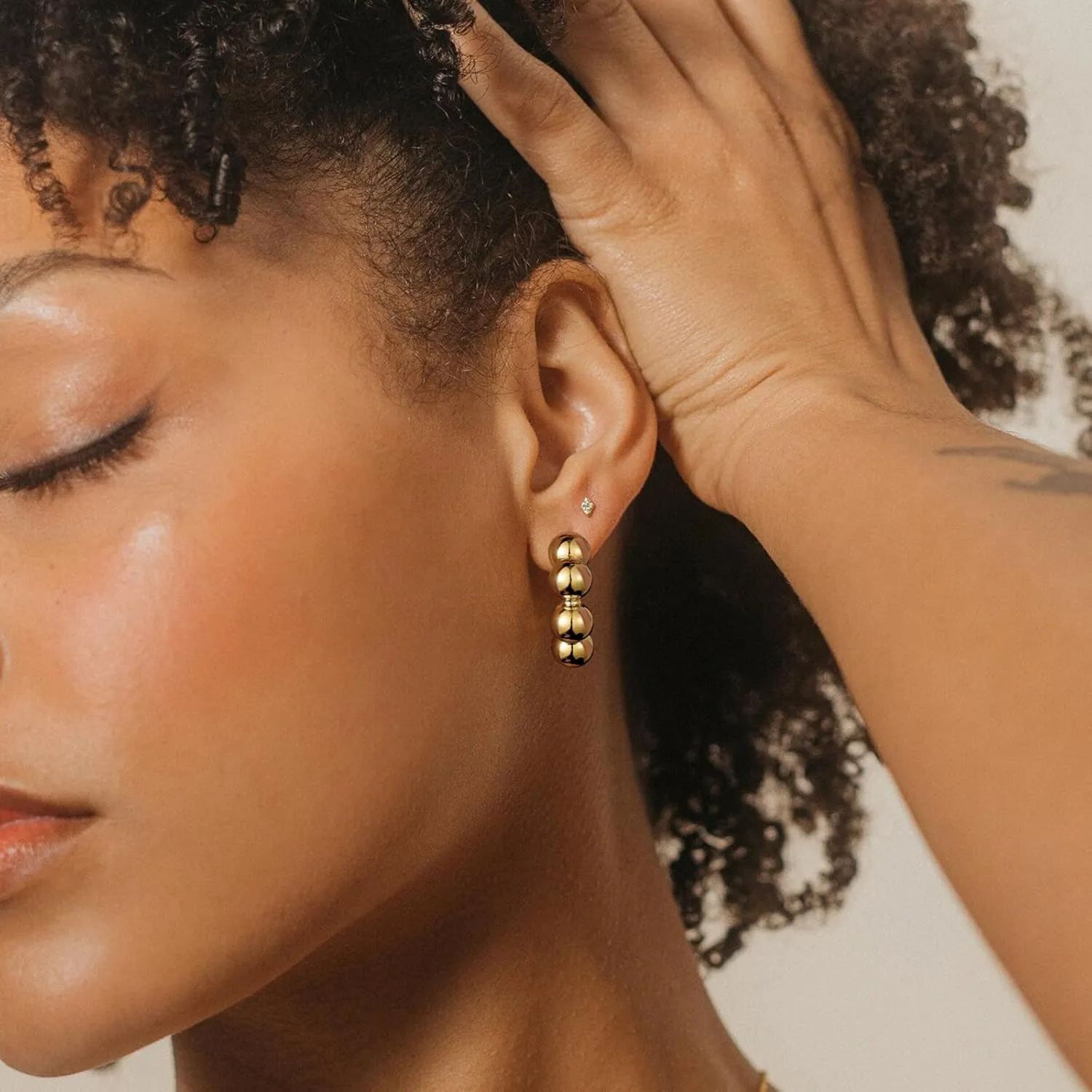 KissYan Gold Beaded Hoop Earrings, 14K Gold Plated Round Ball Drop Earrings Lightweight Chunky Statement Beads Huggie Earrings Dainty Jewelry Gifts for Women