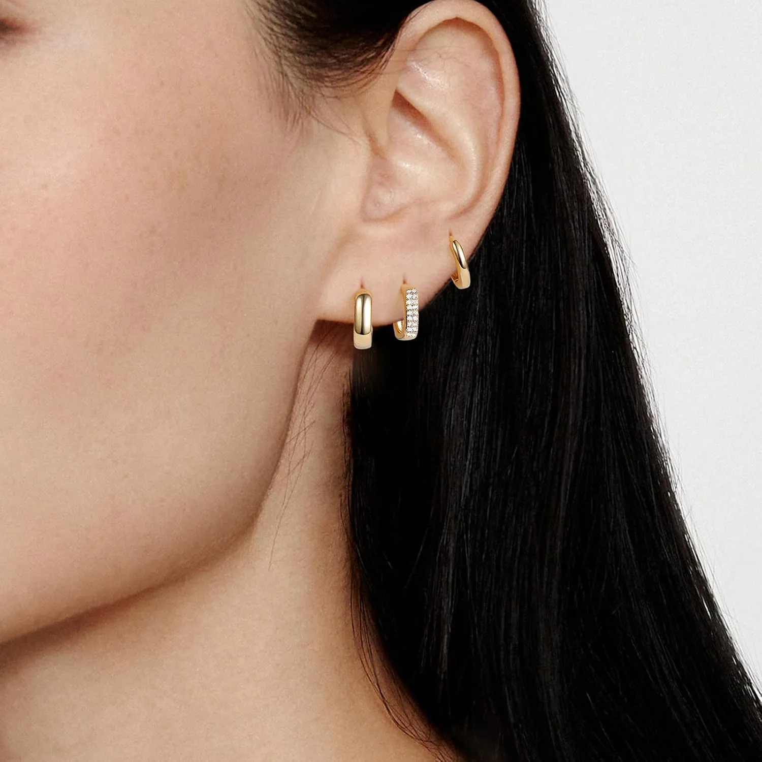 KissYan Huggie Earrings Set for Women, 14K Gold Plated 3 Pairs Small Hoop Earrings Multipack Hypoallergenic Cubic Zirconia Lightweight Dainty Trendy Jewelry Gifts